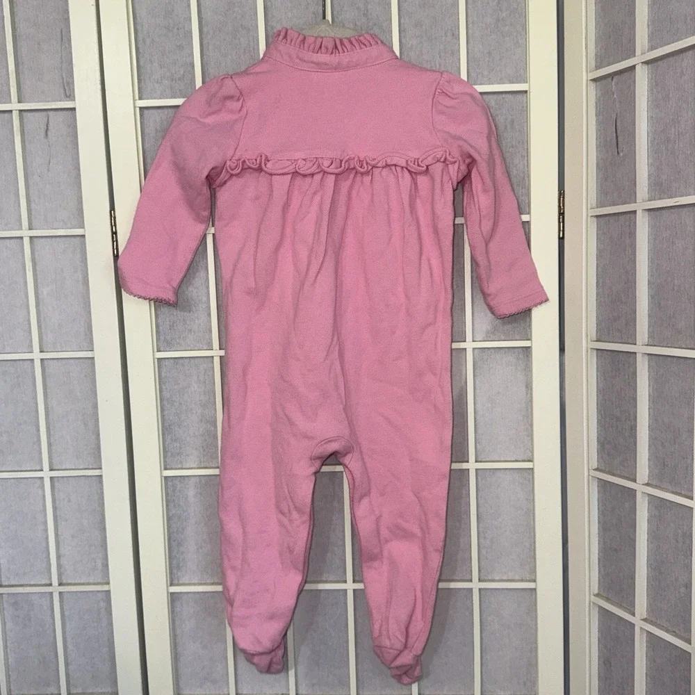 Ralph Lauren Baby Girl Pink Ruffle Collar Footed Pajama Outfit Cotton Sleeper 9M